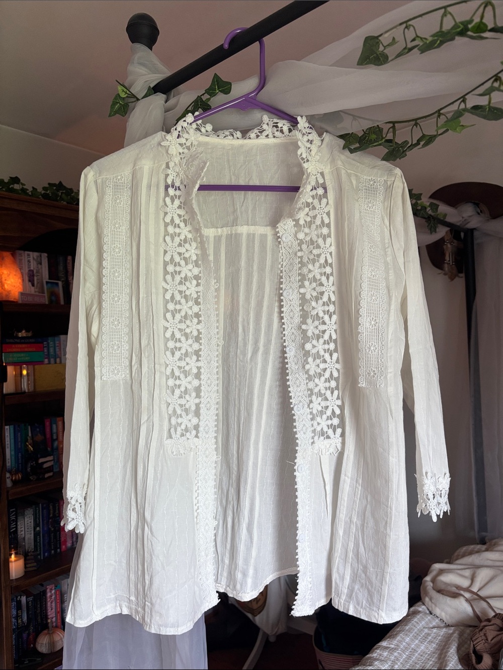 White Lace-Trim Open Front Blouse
